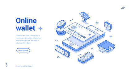 Wall Mural - online wallet banking money financial management mobile app web banner isometric vector illustration