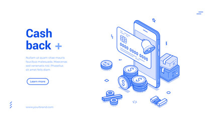Wall Mural - cash back card payment reward bonus online banking smartphone application web banner isometric vecto