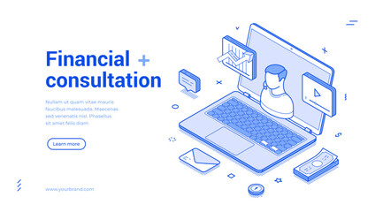 Wall Mural - financial consultation online adviser remotely business meeting web banner isometric vector illustra