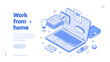 © provectors - Work from home remotely office internet laptop web banner isometric vector illustration. Freelance distance working cyberspace online digital technology global brainstorming workplace