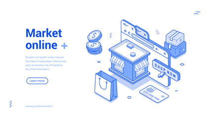 Wall Mural - market online shopping browser marketplace site web banner isometric vector illustration. internet s