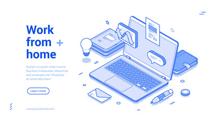 Wall Mural - work from home remotely office internet laptop web banner isometric vector illustration. freelance d