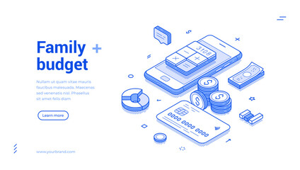 Wall Mural - family budget accounting bookkeeping calculation web banner isometric vector illustration. financial
