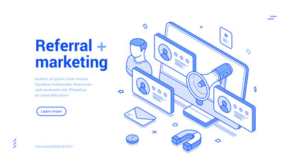 Wall Mural - referral marketing network business partnership program strategy web banner isometric vector illustr