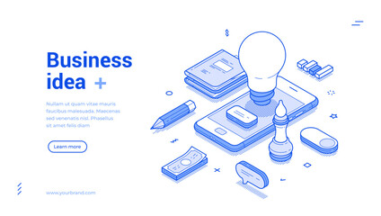 Wall Mural - business idea innovation brainstorming smartphone application web banner isometric vector illustrati