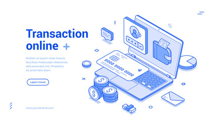 Wall Mural - banking financial transaction online shopping payment laptop web banner isometric vector illustratio