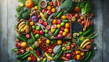 Top view of an overflowing farmer's market table with vibrant fruits and vegetables in natural lighting