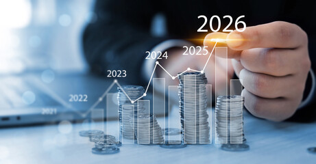 Leinwandbilder - Business Opportunity, challenge and strategy in 2026. Increase chart arrow graph corporate business future growth new year 2026.New plans,goals and visions in business for new year 2026.