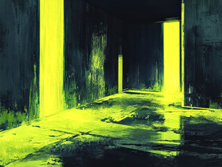Wall Mural - dark room with a yellow light shining through a doorway. the room is empty and the light is the only