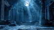 © wicha - Mystical rays of moonlight filtering through ancient ruins, creating an eerie yet enchanting scene