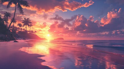 Wall Mural - the beauty of a sunset over a beach, where the vibrant colors of the sky reflect off the calm water,