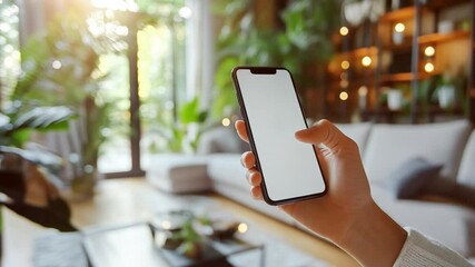 Aufkleber - A person holds a smartphone in hand, engaging in communication. The cozy indoor space is well-lit with natural light and features plants and modern decor, creating a serene atmosphere.