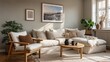 © Sajida - Wooden floating frame in a Scandinavian living room, simple and natural home decor