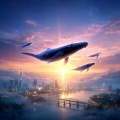 Aufkleber - Celestial Symphony: Flying Whales Over City at Sunset, a Dreamlike Scene Unveiling Imagination.