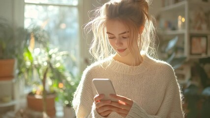 Aufkleber - A young woman dressed in a cozy sweater is focused on her smartphone, engaged in communication. The warm sunlight illuminates her surroundings filled with lush plants, creating a serene atmosphere.