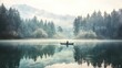 © Rizky - Solitary figure in a small boat on a serene, mist-shrouded lake surrounded by dense forests reflecting in the still water
