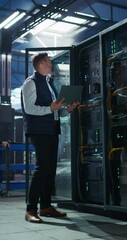 Vertical Screen: Data Center Engineer Opening Server Cabinet in a Tech Facility. Specialist Using Laptop Computer Next to Server Hardware and Mainboard, Updating Network Options and Testing Connection