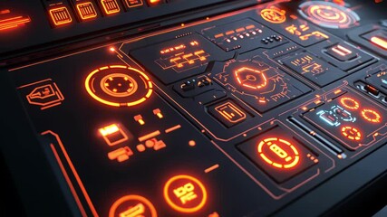 futuristic control panel with glowing buttons and digital displays in dark setting