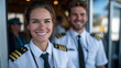 © Maksym - Friendly flight crew posing by cockpit door, passengers boarding in background, uniforms sharp and smiles inviting, a moment of calm before departure