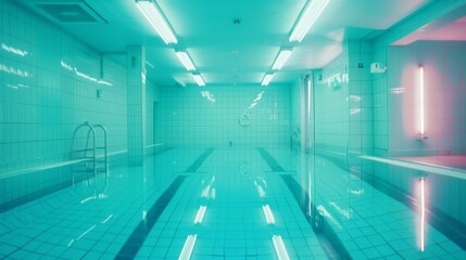 Fototapete - Pool Backrooms creepy three dimensional design. Liminal space  abstract interior. Alone in abandoned building 3d render illustration, nightmare or a bad dream. Game concept