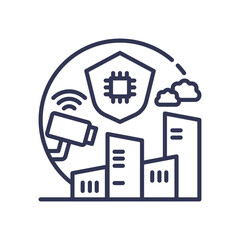 Wall Mural - urban safety surveillance with cameras, buildings, and tech shield.