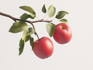Two ripe red apples on a branch with leaves (1)