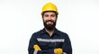 © avissarahmanita - Smiling Bearded Construction Worker in Blue Uniform with Yellow Hard Hat Isolated on White Background Professional Studio Portrait