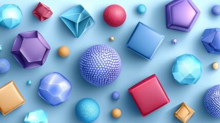 Canvas Print - colorful geometric shapes arrangement on light blue background flat lay abstract design