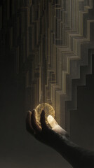 Wall Mural - hand holding glowing sphere, gold lines descending, dark background, abstract concept of innovation,
