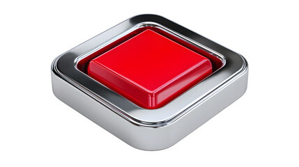 Futuristic 3D stop button with square red icon and chrome border, angled top-down view, white background