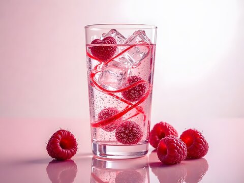 Raspberry Syrup Swirl in Sparkling Drink Glass: A dynamic and colorful close-up of a clear glass with sparkling water, ice cubes, and swirls of raspberry syrup, with a few fresh raspberries.