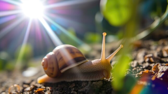 Close up of a snail crawling on soil in a garden with strong sunlight and lens flare, green leaves and vibrant background
