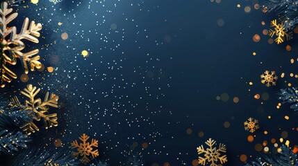 Wall Mural - dark blue christmas background with golden snowflakes