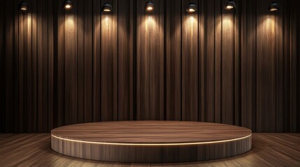 Aufkleber - Illuminated circular wooden podium on a wooden floor with a wooden wall backdrop and spotlights.