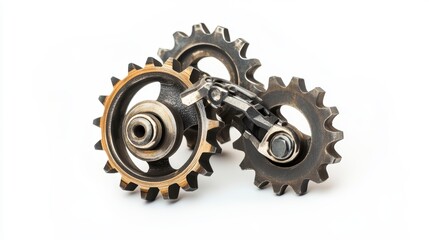 Poster - Close-up of three interconnected gears and a chain against a white background.