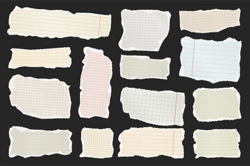 Wall Mural - Ripped paper strips. Realistic crumpled paper scraps with torn edges. Shreds of notebook, book or old newspaper pages. Trendy collage elements. Vector illustration