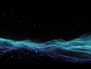 Wall Mural - abstract digital landscape with glowing particles in blue and purple against black background, futur