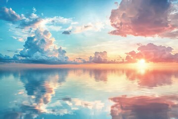 Wall Mural - Calm ocean reflects a vibrant sunset, with pastel clouds above. Use for backgrounds and designs needing peace, beauty and tranquility.