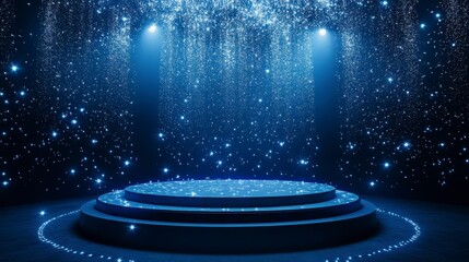 Poster - Illuminated circular stage with blue light and glittering particles.