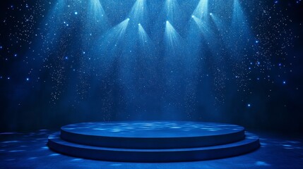Poster - Blue stage with spotlights and sparkles, perfect for product display or award ceremony.