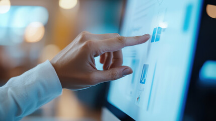 hand interacting with touchscreen display, showcasing modern technology and user interface design, c