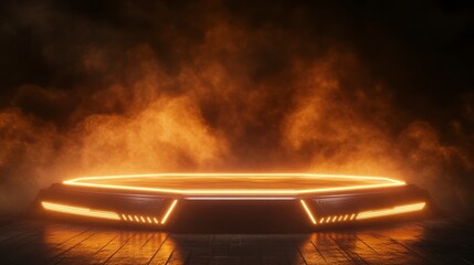 Aufkleber - Hexagonal platform with orange neon lights and smoky background.