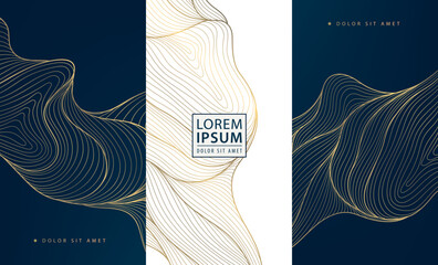 Aufkleber - Vector set of abstract fancy line golden labels, luxury elite cards, wave elegant backgrounds. Japanese sea posters, corporate packages, art deco frames.