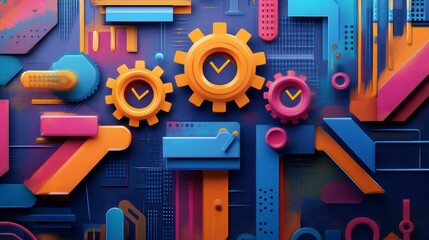 Aufkleber - Abstract 3D illustration of colorful gears and geometric shapes, representing teamwork, process, and efficiency.