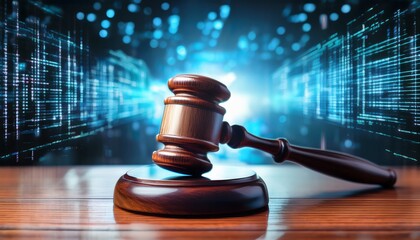 a wooden gavel rests on a table with a digital background of code and data the digital background suggests the legal implications of technology and digital information