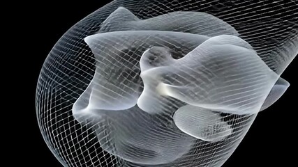 Abstract three dimensional mesh shapes on black background creating organic flowing aesthetic.