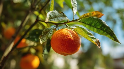 Fototapete - Vibrant orange hanging from a citrus tree branch with lush green leaves and soft blurred background of a summer day