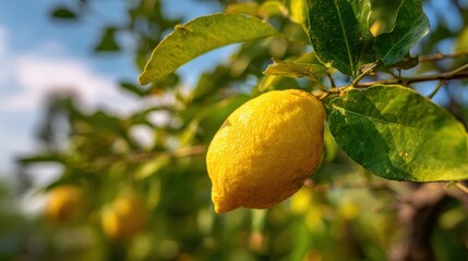 Fototapete - Ripe lemon hanging on a tree branch with vibrant green leaves illuminated by warm sunlight in a citrus orchard.