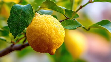 Fototapete - Close up view of a ripe lemon on a branch with green leaves showcasing natural citrus fruit and freshness in soft focus.