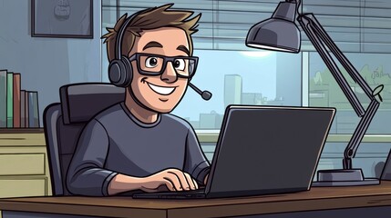 Poster - Happy man works from home office at night, using laptop and headset.